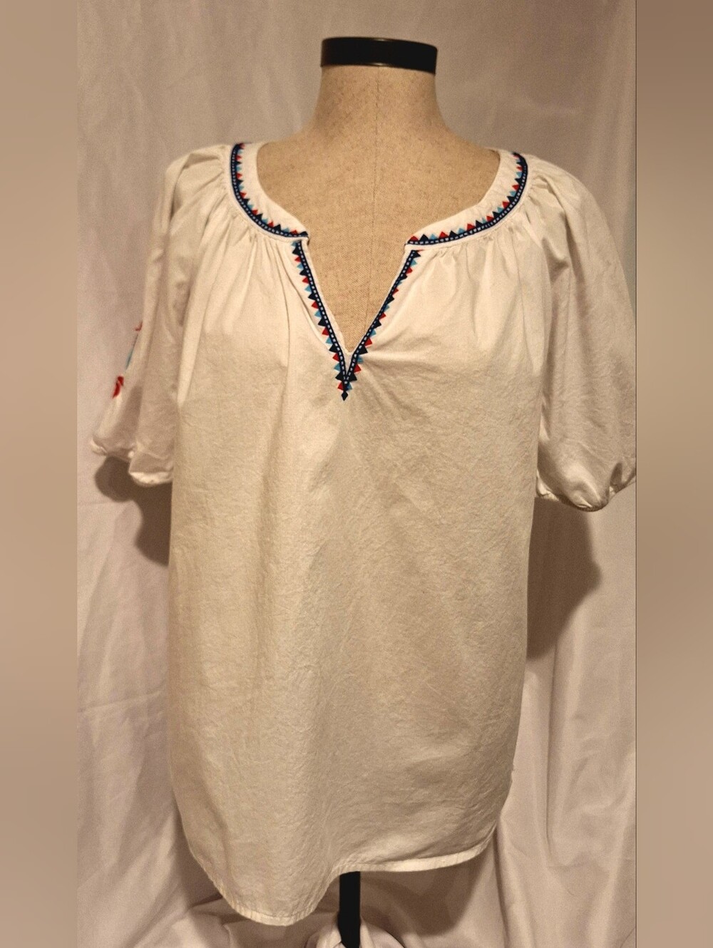 St. John's Bay White Peasant Top with Blue & Red Embroidery